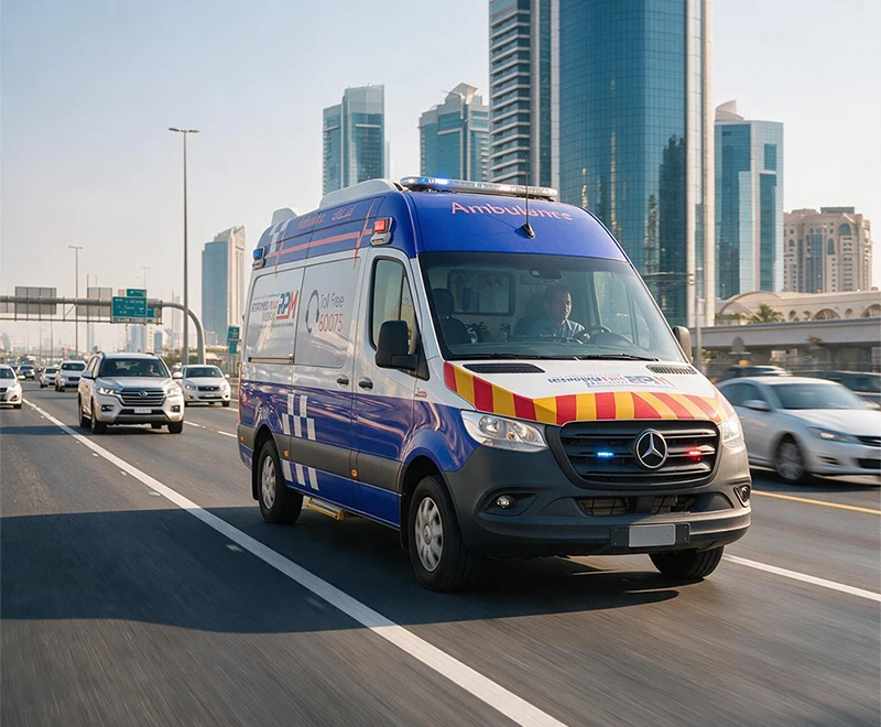 EMRAAS ground ambulance on the highway